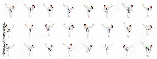 Female Karate Fighter Kicking Poses Vector Set: Collection of Martial Arts Movements, High Kicks, and Kata Illustrations by a Woman in a Black Belt Gi.