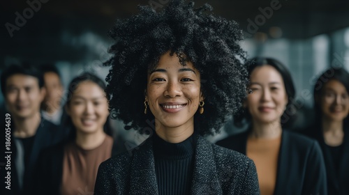 A diverse group of professionals confidently face the viewer, radiating positivity and collaboration within a modern, subtly blurred office environment, emphasizing inclusivity.