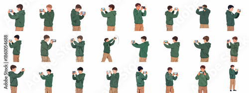 Young Man Taking Photos with Smartphone Posing Set: Vector Illustration of Casual Guy Capturing Moments or Recording Video on Mobile Device.