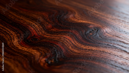 Close-up of richly grained dark wood surface with swirling patterns and warm tones