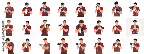 Collection of detailed vector illustrations featuring a stylish male photographer carefully cleaning and maintaining his professional DSLR camera equipment.