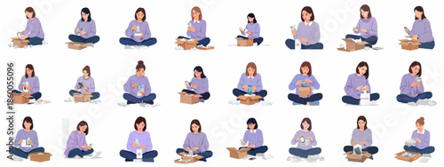 Vector Illustration Set: Young Women Unboxing New Smartphones and Gadgets from Delivery Boxes, Celebrating Online Shopping and Technology Acquisition.