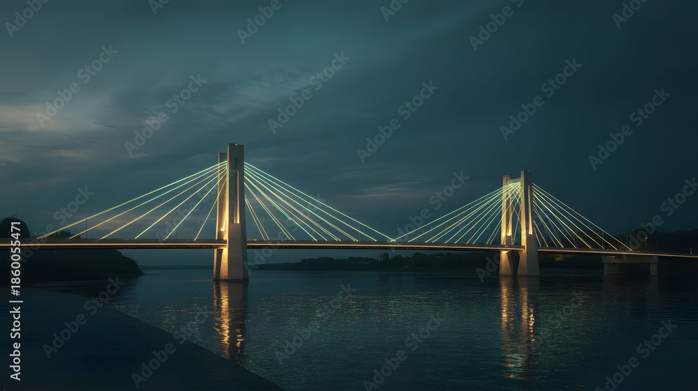 Fototapeta premium Modern Cable-Stayed Bridge at Night with Glowing Green Neon Cables and Reflections on the Dark River Water