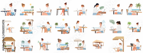 Collection of Digital Nomad Women Working Remotely on Laptops in Tropical and Beach Settings, Illustrating Freedom and Flexible Lifestyle.