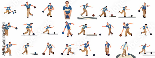 Vintage Bowling Action Vector Set: Man in Retro Attire Throwing Balls and Posing for Sport and Leisure.