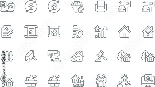 Comprehensive Real Estate and Construction Line Icon Collection for Property Sales, Legal, Architecture, and Home Maintenance
