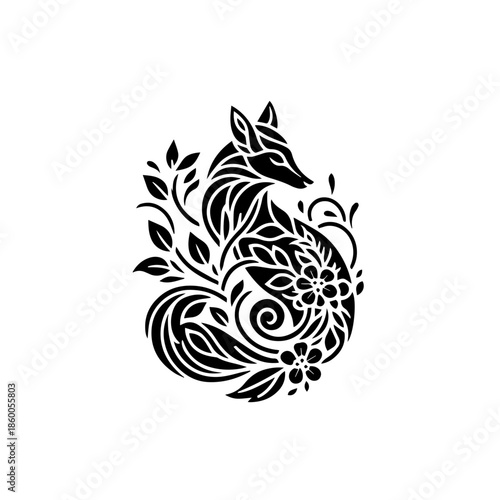 Botanical floral design element, Botanical Fox, Nature’s Silhouette, Guardian of the Grove