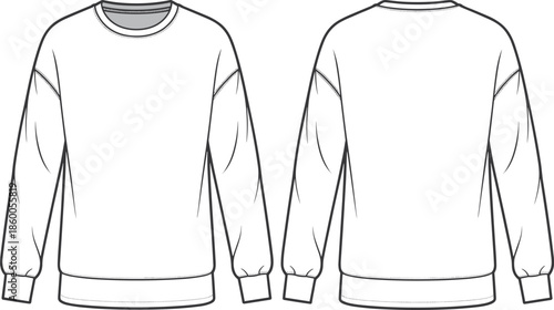 Long sleeve crewneck sweatshirt front and back technical drawing, apparel CAD flat vector illustration for fashion design template production use