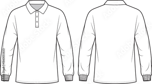 Long sleeve polo shirt technical flat CAD drawing front and back view apparel fashion vector illustration mens clothing template