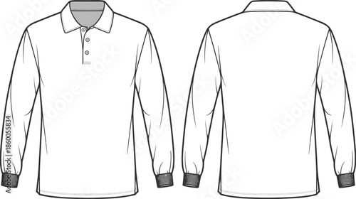Long sleeve polo shirt technical flat CAD drawing front and back view apparel fashion vector illustration mens garment design templatev