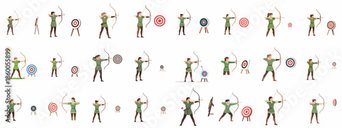 Various Female Archer Characters Aiming at Targets - Flat Vector Set of Archery Sportswomen in Different Poses and Medieval Costumes.