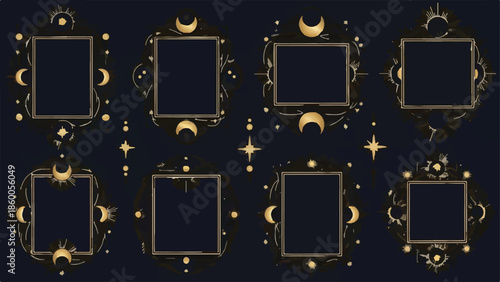 Set of Gold Celestial Vector Frames and Borders with Moon and Stars