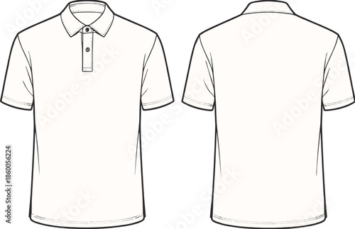 Men short sleeve polo shirt technical flat CAD drawing front and back view fashion apparel vector illustration template