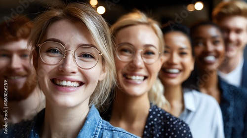 A diverse group of young adults with radiant smiles stand closely together, conveying a sense of unity and optimism, captured in a warm, inviting portrait style.