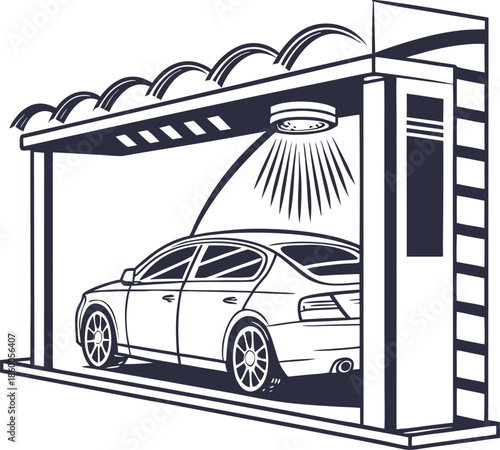 Car wash service. Carwash interior inside. Worker in uniform washing automobile with foam by high pressure water. Professional detailing washer in auto spa. Cleaning garage station vector illustration