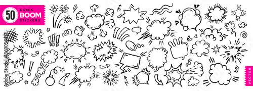 Comic pop doodle effect. Cartoon line cloud, boom, speed and smoke icon. Comic effect vector, doodle style. Pop confetti, speech bubble, explosive, wow, collision. Hand drawn png anime set. Cartoon bg