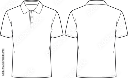Polo shirt front and back technical drawing, apparel CAD flat vector illustration for fashion design, garment production specification template