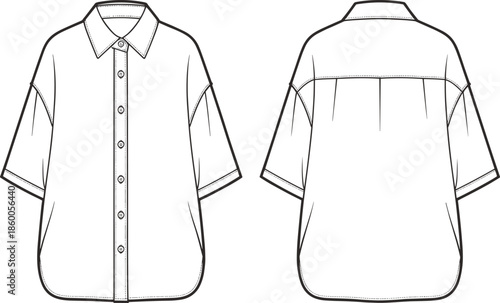 Oversized short sleeve button down shirt technical flat vector illustration, front and back view, fashion apparel CAD drawing