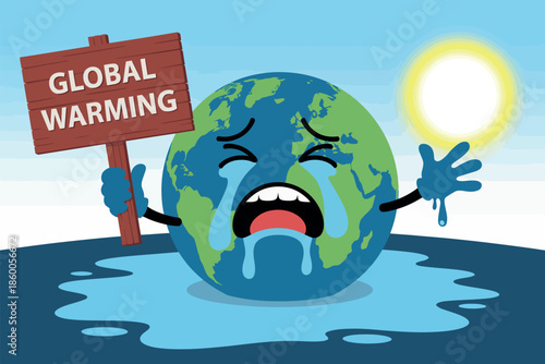 Crying Earth character holding a Global Warming sign under a hot sun with melting water illustrating