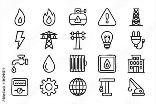Utility Service Icons for Electricity, Gas and Water Platforms