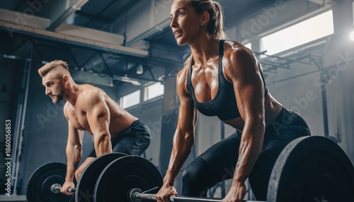 Fit Couple Performing Deadlifts in a Gritty Gym Setting