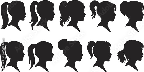 Female hairstyle silhouettes set, women profile heads, ponytail bun styles, black vector illustration collection for beauty salon design templates use