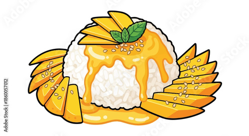 Sticky Rice with Mango and Coconut Sauce Thai Dessert Illustration