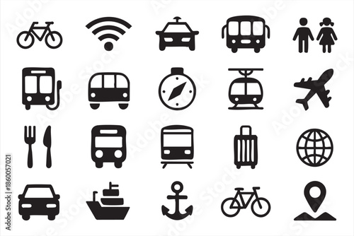 Mobility and transit icons for app design, smart city platforms, travel interfaces