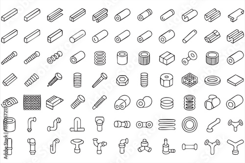 Industrial hardware icons for UI design, mechanical engineering software, manufacturing dashboards