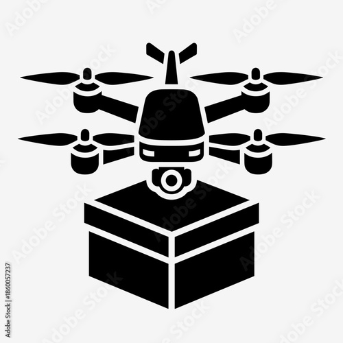 Quadcopter Drone Flying with a Delivery Box, Representing Modern Logistics and Futuristic Services