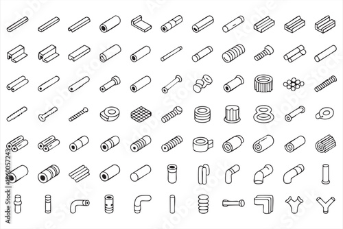 Mechanical component line icons for engineering apps, construction systems, technical interfaces