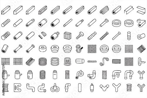 Mechanical parts icons for engineering UI, industrial systems, production platforms