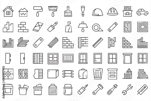 Building tools line icons for renovation software, property management platforms