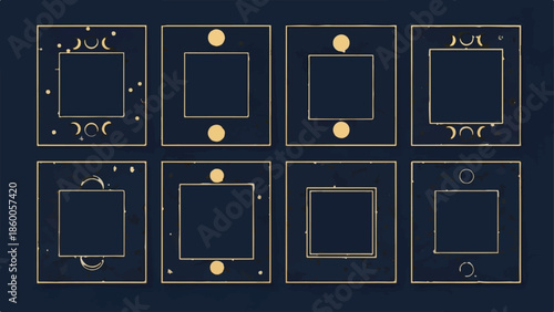Minimalist Golden Vector Frames Set with Celestial and Geometric Elements on Dark Blue Background