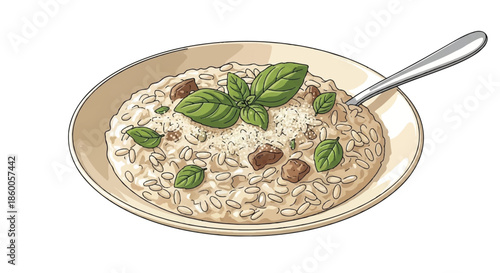 Creamy Mushroom Risotto with Fresh Herbs and Parmesan Cheese Illustration