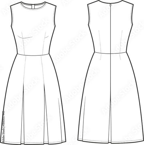 Women’s sleeveless dress flat sketch, fitted bodice with pleated skirt fashion drawing, front and back view, apparel design, cad vector illustration