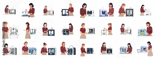 Diverse women operating 3D printers, showcasing engineering, design, and additive manufacturing technology in business and education settings.
