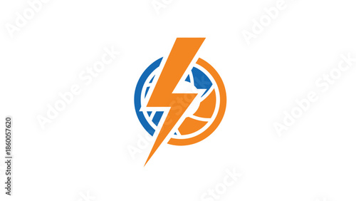 Orange lightning bolt over a basketball and globe logo design.