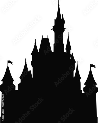 Fantasy castle silhouette, magical fairytale palace, black spire tower illustration, enchanted fortress design, whimsical medieval architecture, iconic storytelling landmark vector