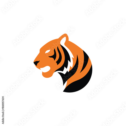 Orange tiger head logo design with black stripes, fierce expression, isolated on white background.