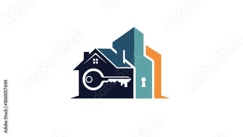 Real estate logo featuring a house, key, and modern building design for property.