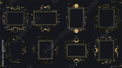 Set of Ornate Dark Gold Mystical Frames and Celestial Borders Vector Illustration