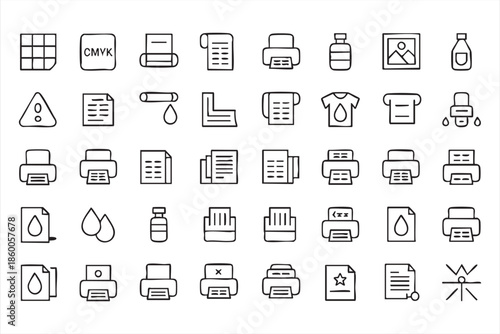 Printing press line icons for design apps, prepress platforms, UI systems