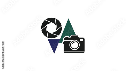Photography concept with camera, aperture, and geometric shapes, creative design.
