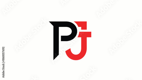 PJ logo design with black and red colors, modern and stylish branding.