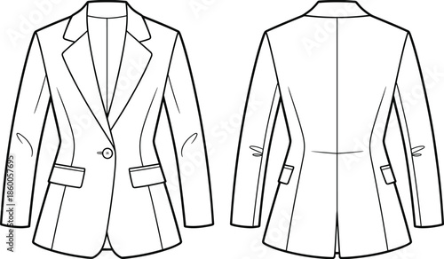 Women’s tailored blazer flat sketch, single-breasted jacket fashion cad drawing, front and back view, garment construction, apparel vector illustration