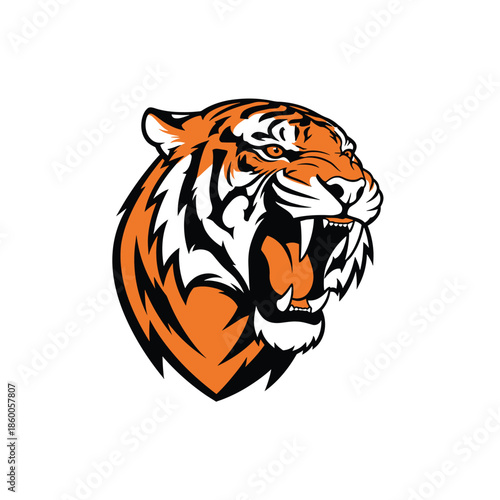 Roaring tiger head illustration with orange and white stripes, fierce expression.