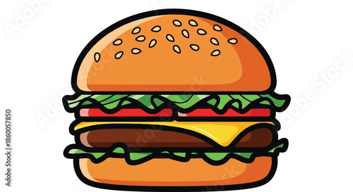 Juicy Beef Burger with Cheese Lettuce Tomato and Onion on Sesame Bun