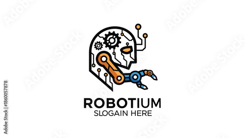 Robotium Logo - Futuristic Robotic Head with Mechanical Arm and Gears.