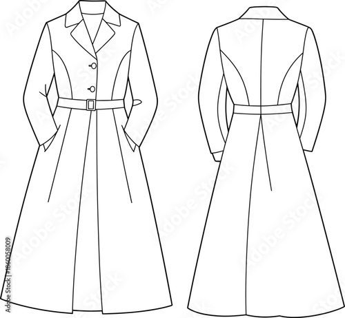 Women’s trench coat fashion flat sketch, technical drawing, belted long coat, front and back view, apparel design, cad vector 